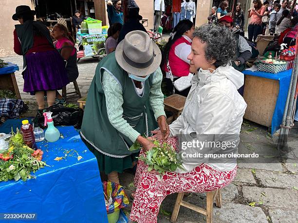 indigenous woman preparing medicinal herbs for a tourist in cuenca, ecuador - traditional native american medicine stock pictures, royalty-free photos & images