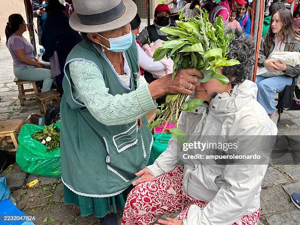 indigenous woman performing cleansing ritual with herbs in cuenca, ecuador - traditional native american medicine stock pictures, royalty-free photos & images