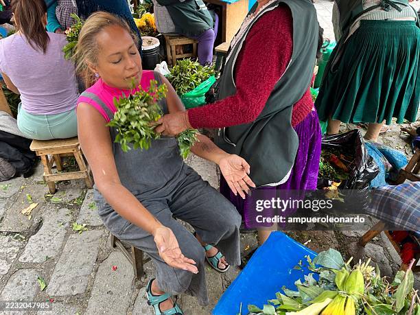 woman receiving herbal treatment at cuenca market in ecuador - traditional native american medicine stock pictures, royalty-free photos & images
