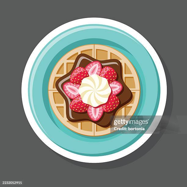 chocolate strawberry and whipped cream waffle sticker icon - waffles overhead stock illustrations