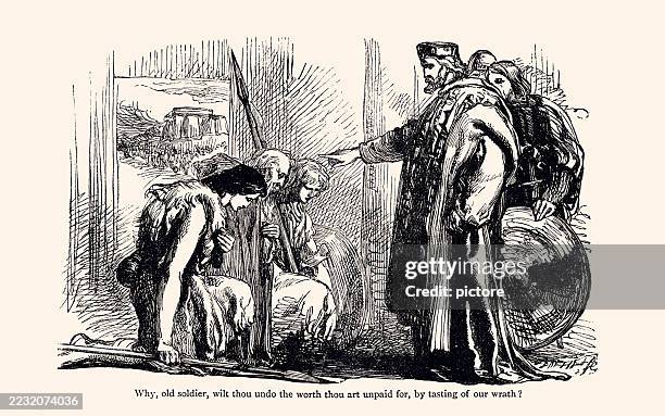 cymbeline by william shakespeare, act 3, scene 3 : '' why ,old soldier, wilt thou undo the worth thou art unpaid for, by tasting of our wrath ? '' - facing wrong way stock illustrations