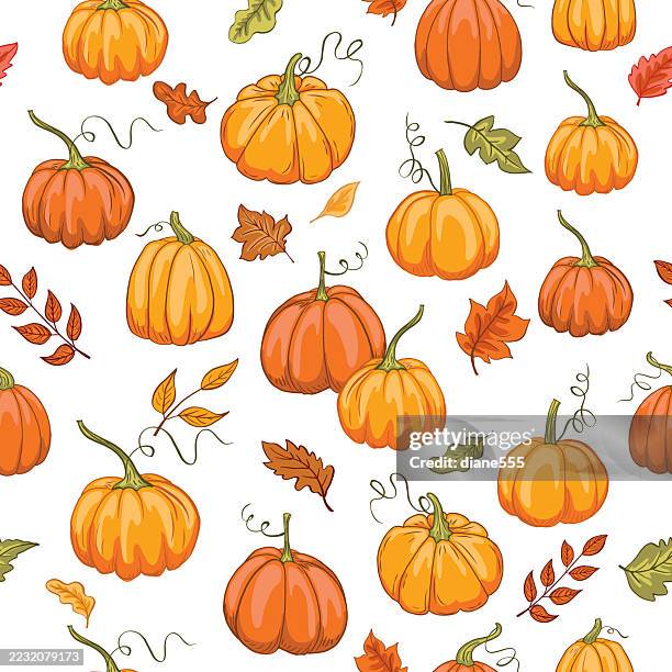 autumn pumpkins seamless backgorund pattern - pumpkin patch stock illustrations