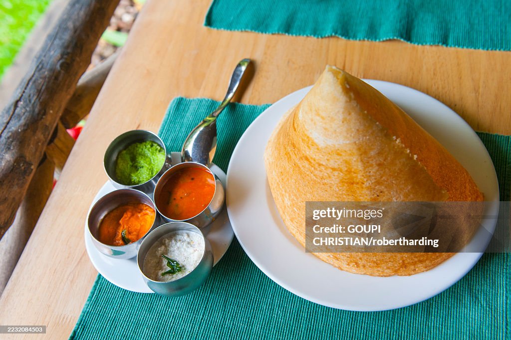 'Dosa' (crepe) served at the restaurant of Spice Village Resort, Kumily, Kerala state, South India, Asia