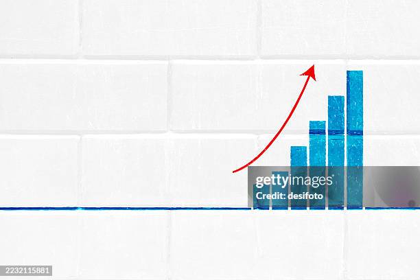 blank white textured brick wall vector background with bright turquoise blue colored bar graph depicting upward trend in a row for growth, success, meeting exceeding business goals targets with red arrow on the chart and copy space - growth chart white background stock illustrations