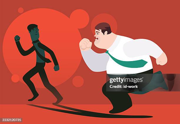 fat man chasing thin guy shadow - race start lights stock illustrations