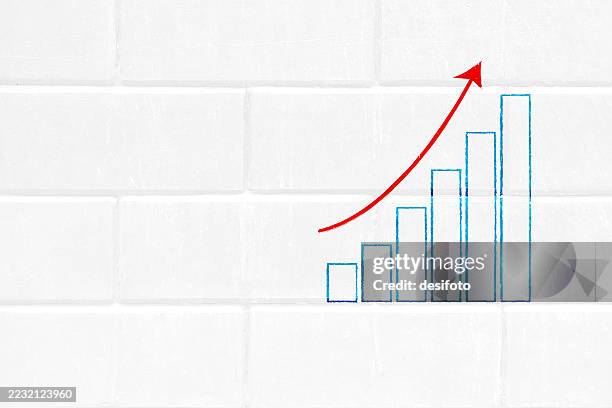 blank white textured brick wall vector background with bright turquoise blue colored outlined bar graph depicting upward trend in a row for growth, success, meeting exceeding business goals targets, inflation with red arrow on the chart and copy space - performance dashboard stock illustrations
