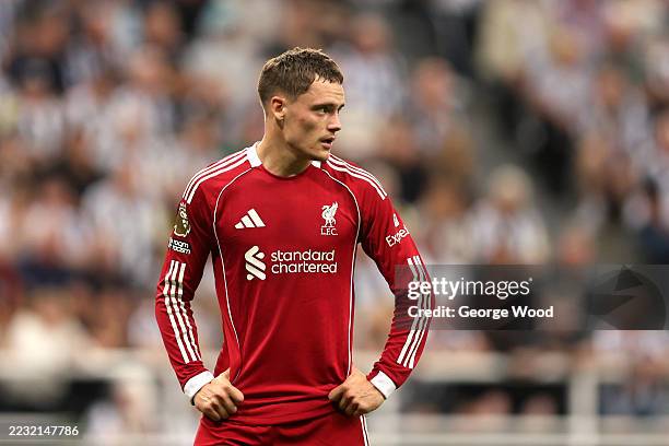 Florian Wirtz of Liverpool looks on during the Premier League match between Newcastle United and Liverpool at St James' Park on August 25, 2025 in...