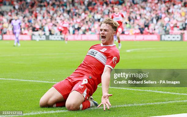 Middlesbrough's Tommy Conway celebrates after scoring his sides first goal during the Sky Bet Championship match at the Riverside Stadium,...