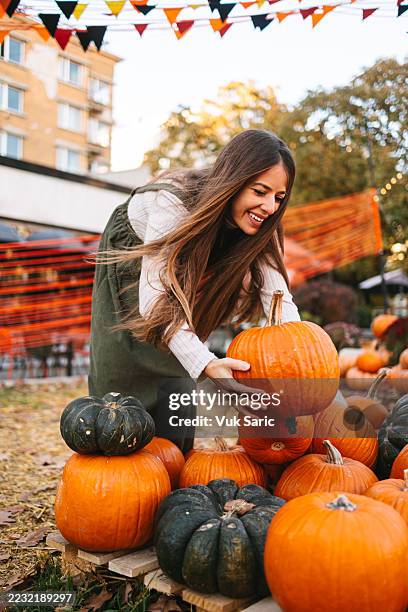 woman picking a pumpkin - pumpkin stock pictures, royalty-free photos & images