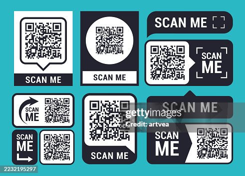 QR code SCAN ME for smartphone ICON SET. Scan me QR code sticker with text QR code SCAN ME for smartphone ICON SET. Scan me QR code sticker with text