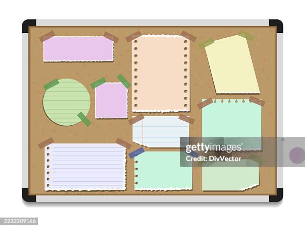 office bulletin board with sticky paper vector illustration - notice board stock illustrations