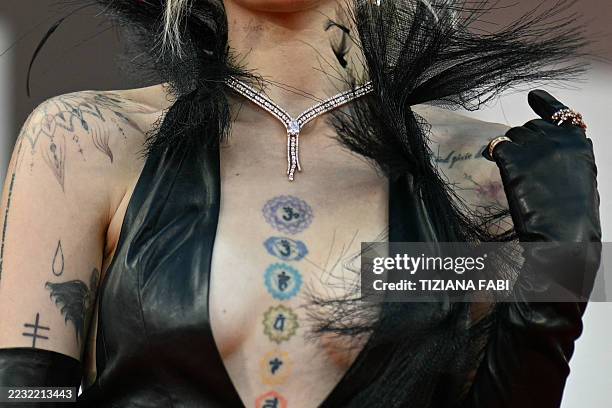 Picture shows chakra tattoos of US singer and actress Paris Jackson during the red carpet for the movie "Frankenstein" presented in competition at...
