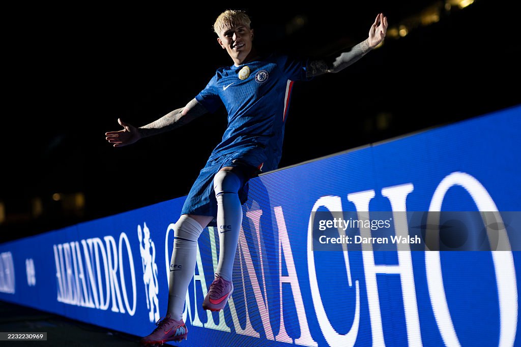 Alejandro Garnacho poses as he is unveiled as a Chelsea new signing ...