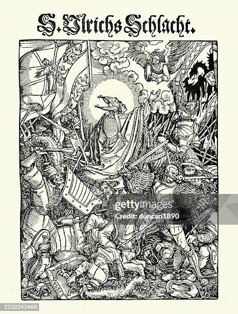 illustrations, cliparts, dessins animés et icônes de saint ulric d’augsbourg, à la bataille de lechfeld, hans buckmair, illustration vintage, 16ème siècle, une victoire décisive pour otton ier d’allemagne contre les forces magyares - champ de bataille