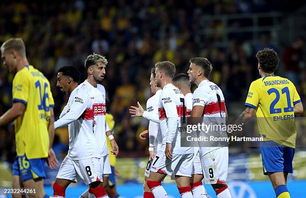 Ermedin Demirovic of VfB Stuttgart celebrates scoring his team's first goal during the DFB Cup Round One match between Eintracht Braunschweig and VfB...