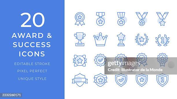award success icons set. 20 editable stroke vector illustrations - trophy icon editable stock illustrations