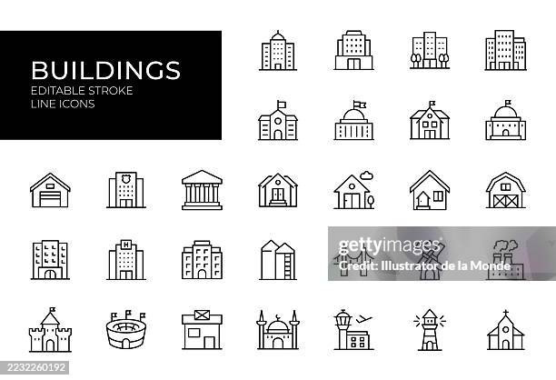 buildings line icon set - lighthouse icon stock illustrations