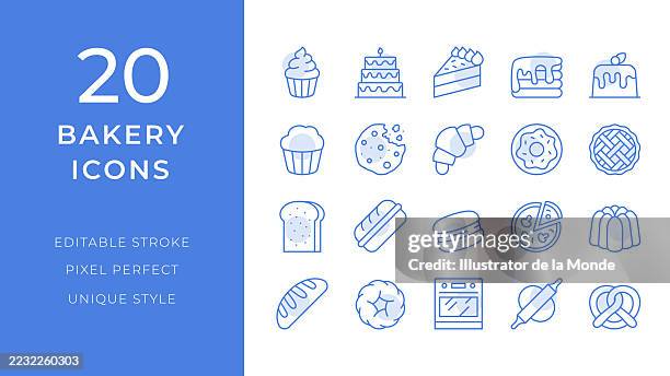 bakery icons set. 20 editable stroke vector illustrations - baked macaroni stock illustrations