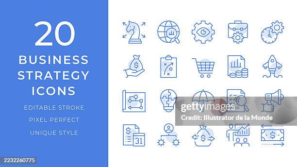 business strategy icons set. 20 editable stroke vector illustrations - swot analysis stock illustrations