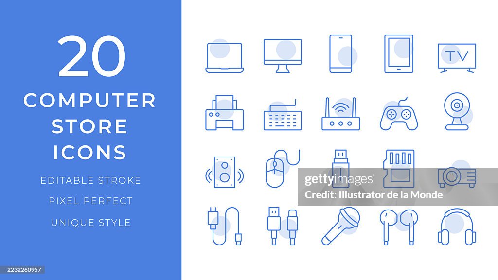 Computer Store Icons Set. 20 Editable Stroke Vector Illustrations