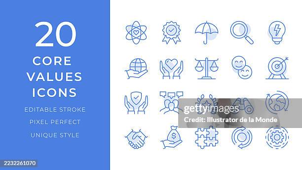 core values icons set. 20 editable stroke vector illustrations - team dedication stock illustrations