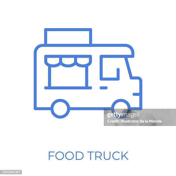 illustrazioni stock, clip art, cartoni animati e icone di tendenza di illustrazione vettoriale del tratto modificabile del camion di cibo - furgone ambulante