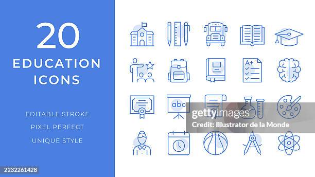education icons set. 20 editable stroke vector illustrations - resource library stock illustrations