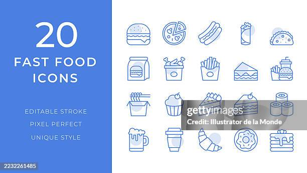 fast food icons set. 20 editable stroke vector illustrations - empty taco shells stock illustrations