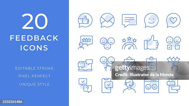 feedback icons set. 20 editable stroke vector illustrations - customer experience stock illustrations