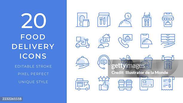 food delivery icons set. 20 editable stroke vector illustrations - packaged snacks stock illustrations
