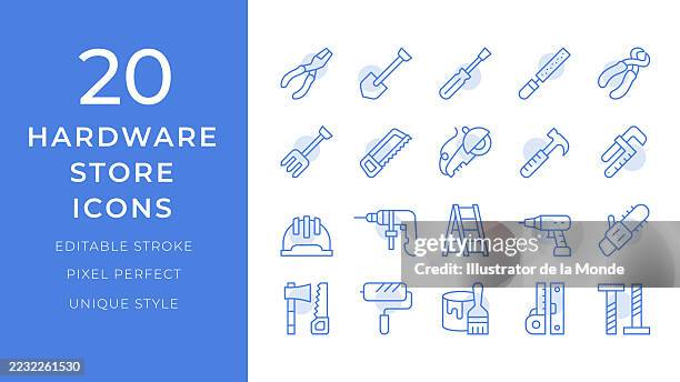 hardware store icons set. 20 editable stroke vector illustrations - serrated stock illustrations
