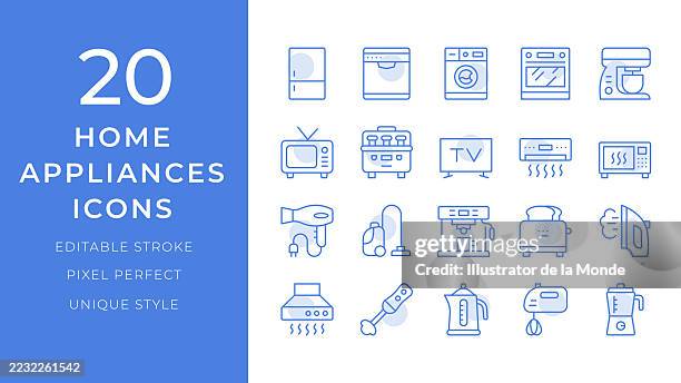 home appliances icons set. 20 editable stroke vector illustrations - white goods stock illustrations