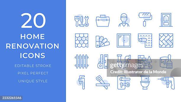 home renovation icons set. 20 editable stroke vector illustrations - plumber tools background stock illustrations