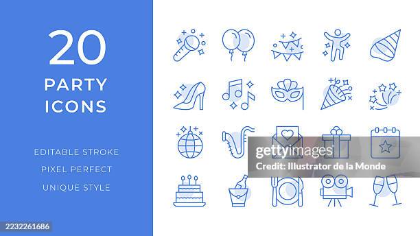party icons set. 20 editable stroke vector illustrations - guest stock illustrations