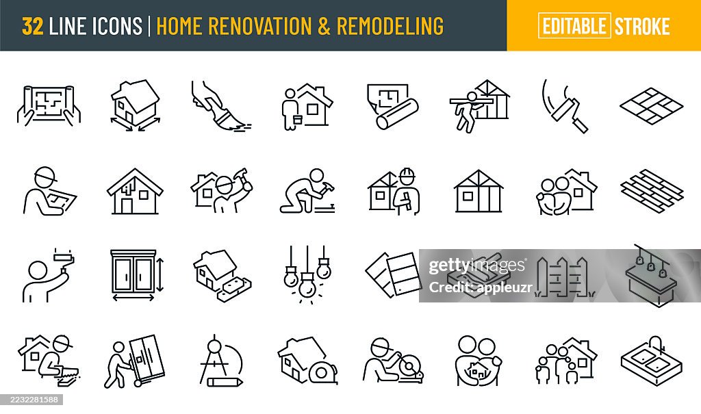 Home Renovation And Remodeling Thin Line Icons - Editable Stroke - Icons Include Home Improvement, Construction, Building Contractor, DIY