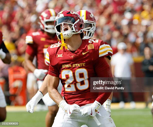 Defensive back Drew Surges of the Iowa State Cyclones celebrates after making a tackle in the first half of play against the South Dakota Coyotes at...