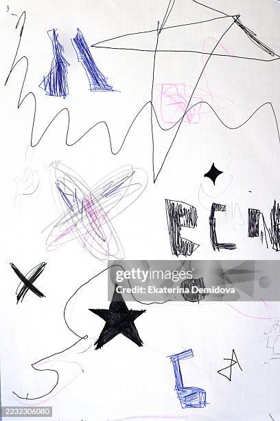 child's colorful abstract drawing on white paper - hatching stock pictures, royalty-free photos & images