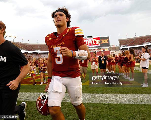 Quarterback Rocco Becht of the Iowa State Cyclones runs off the field after winning 55-7 over the South Dakota Coyotes at Jack Trice Stadium on...