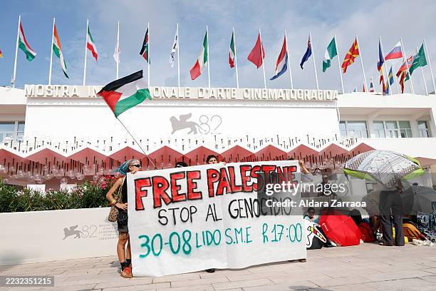 Free Palestine protest takes place ahead of the 82nd Venice International Film Festival on August 27, 2025 in Venice, Italy.