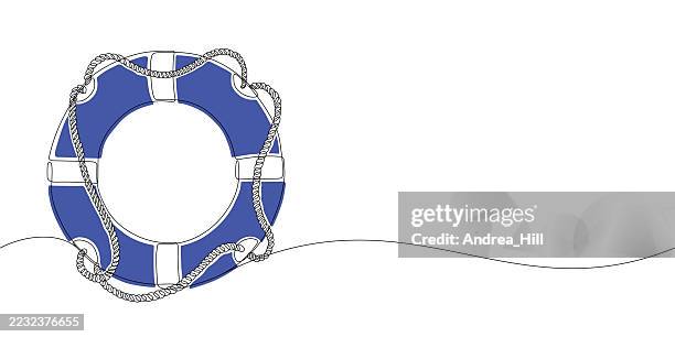 life ring, buoy with rope continuous line drawing banner with editable stroke - life ring stock illustrations