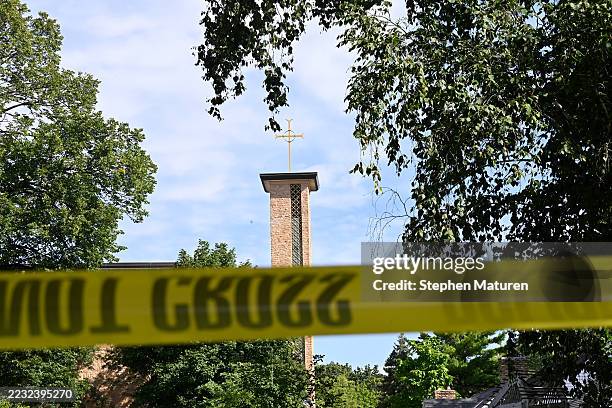 The Annunciation Catholic Church is seen behind police tape following a mass shooting on August 27, 2025 in Minneapolis, Minnesota. According to...