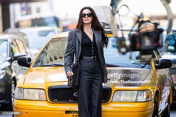 Anne Hathaway is seen filming "The Devil Wears Prada 2" in Madison Square Park on August 27, 2025 in New York City.
