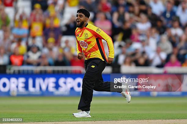 Rehan Ahmed of Trent Rockets celebrates after taking the wicket of Jacob Bethell of Birmingham Phoenix during the The Hundred match between Trent...