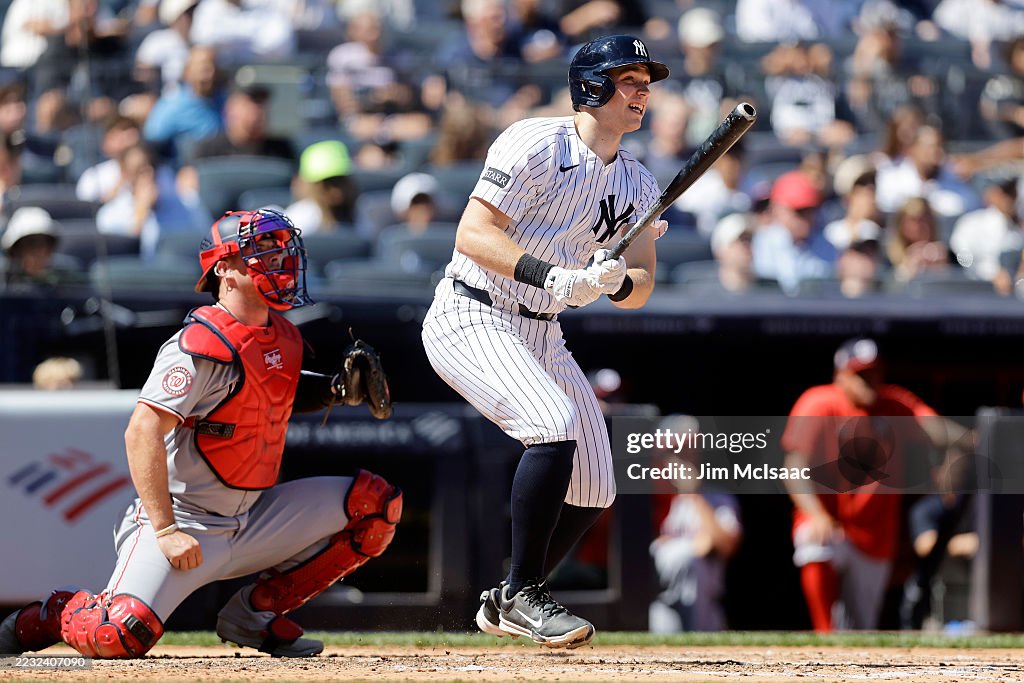 Sam Rice Yankee Stadium Ben Rice of the New York Yankees follows through on his third inning ...