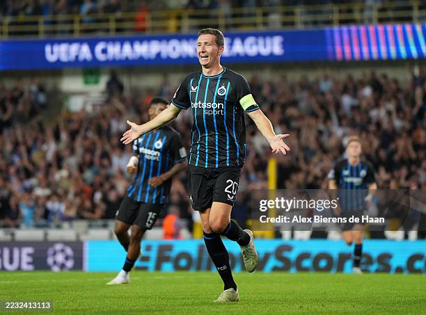 Hans Vanaken of Club Brugge celebrates scoring his team's second goal during the UEFA Champions League Play-offs Round Second Leg match between Club...