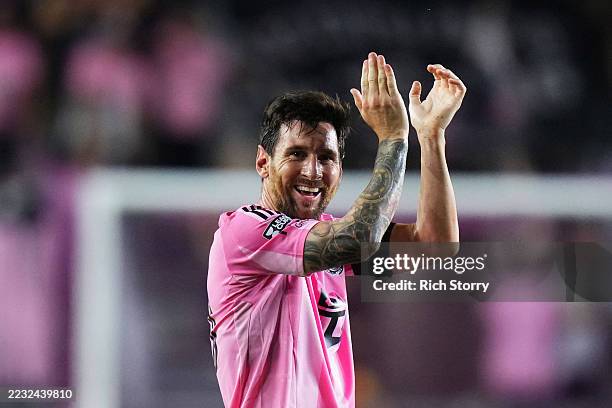 Lionel Messi of Inter Miami CF reacts during the Leagues Cup Semifinal between Inter Miami CF and Orlando City at Chase Stadium on August 27, 2025 in...