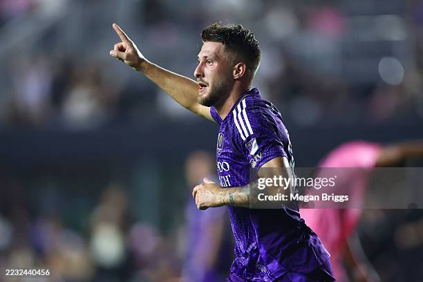 Marco Pasalic of Orlando City celebrates after scoring the team's first goal during the Leagues Cup Semifinal between Inter Miami CF and Orlando City...