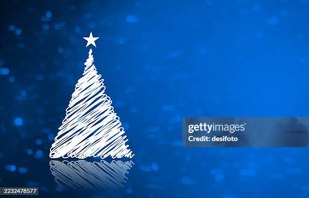 horizontal dark bright vibrant royal blue color gradient shiny creative line art scribbled cartoon art solid decorated spotted ornate christmas tree with star shape tree topper over glittery vector backgrounds with copy space, for festive celebration - christmas angel stock illustrations