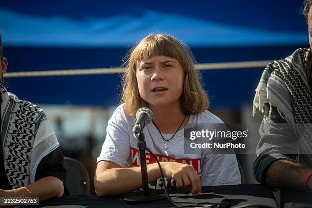 Activist Greta Thunberg during the press conference to the Global Sunat Flotilla at the Port of Barcelona on August 31 in Barcelona, Catalonia,...