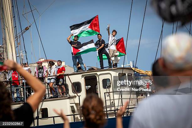 The Global Sumud Flotilla sets sail from Barcelona towards Gaza, in Barcelona, Spain, on August 31, 2025. Hundreds gather at Moll de la Fusta to bid...